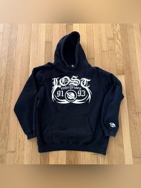 Vintage Lost Enterprises Hoodie Y2K Black White Old English Script Mens Medium